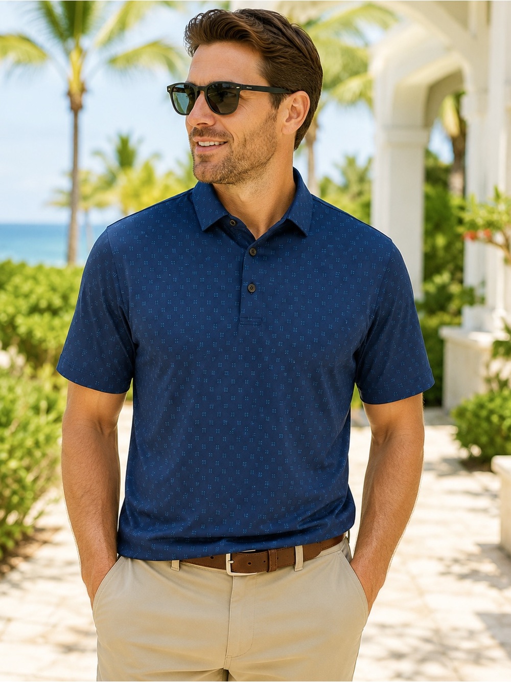 Collars & Co. Featherweight Flex Polo Shirt Navy Micro Gingham NWT Medium